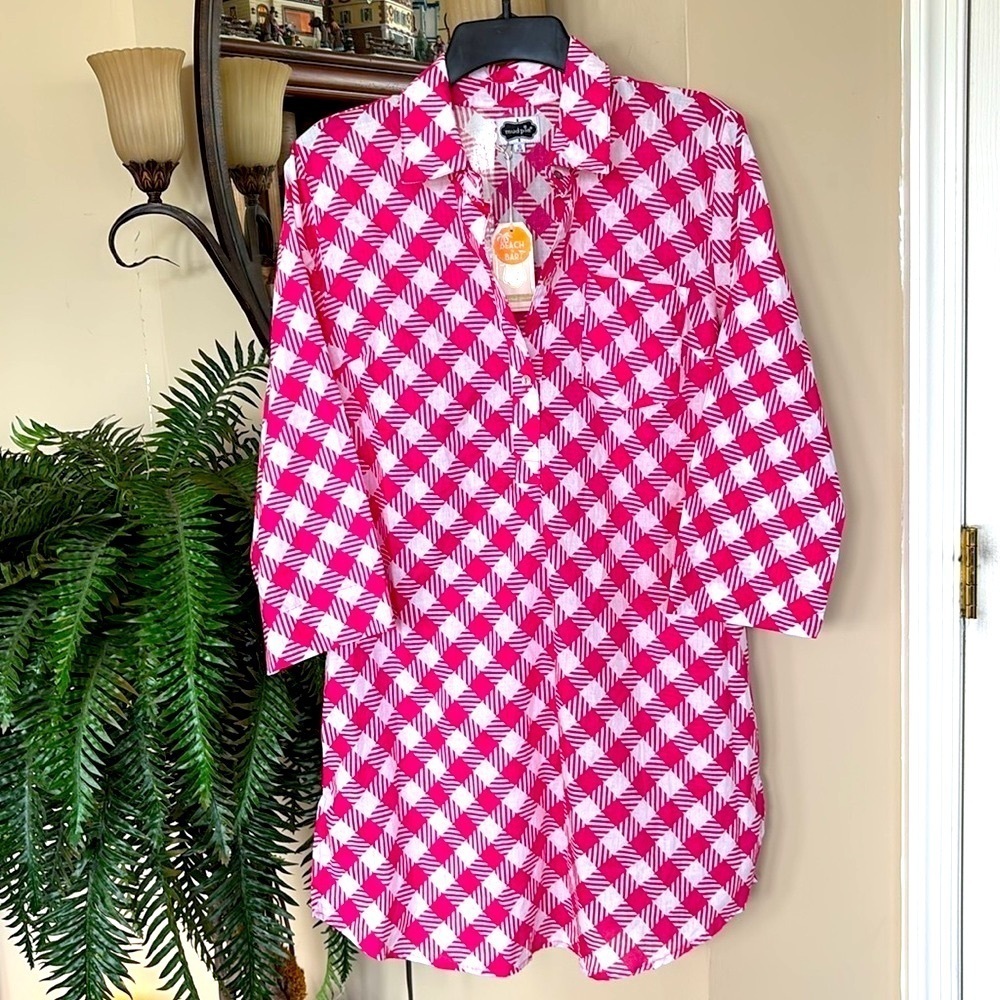 Brand New Mudpie Kelli Tunic Beach to Bar Coverup Pink White Checkered Gingham